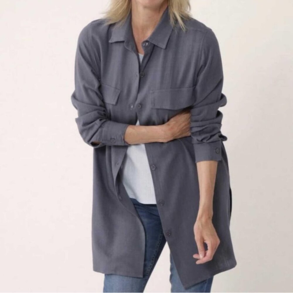 New Brian Bailey Blue Grey Linen Blend Long Button Down Shirt Top XXL bin 1V